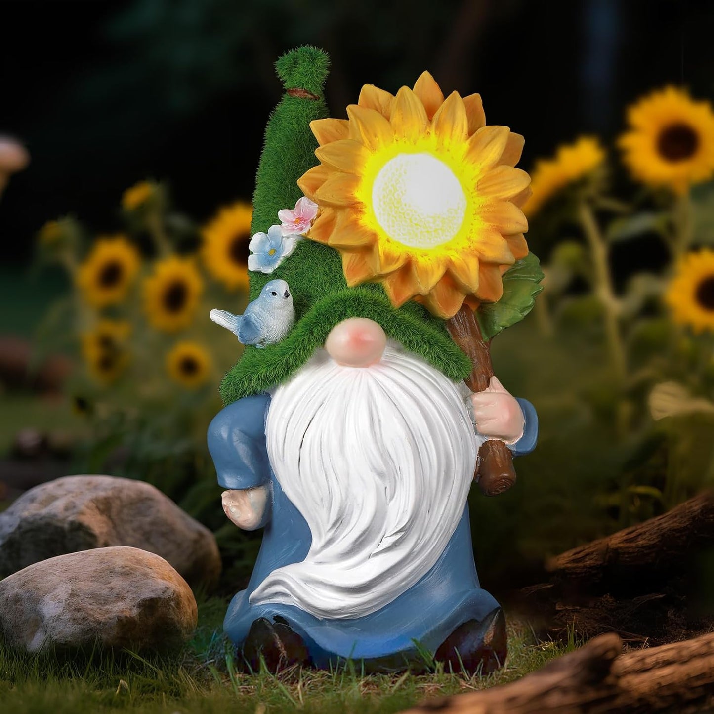 Solar Gnome with Glowing Sunflower Light,Weatherproof Resin Garden Figurine Decor Auto On/Off - Fairytale Statue Gift for Patio,Yard & Gifts