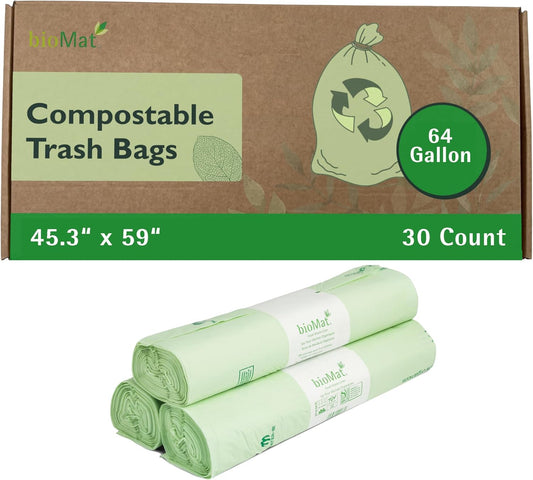 bioMat 64 Gallon Compostable Trash Bags, 30 Count, BPI ASTM D6400 Certified Compost Liner Bags for Trash Can
