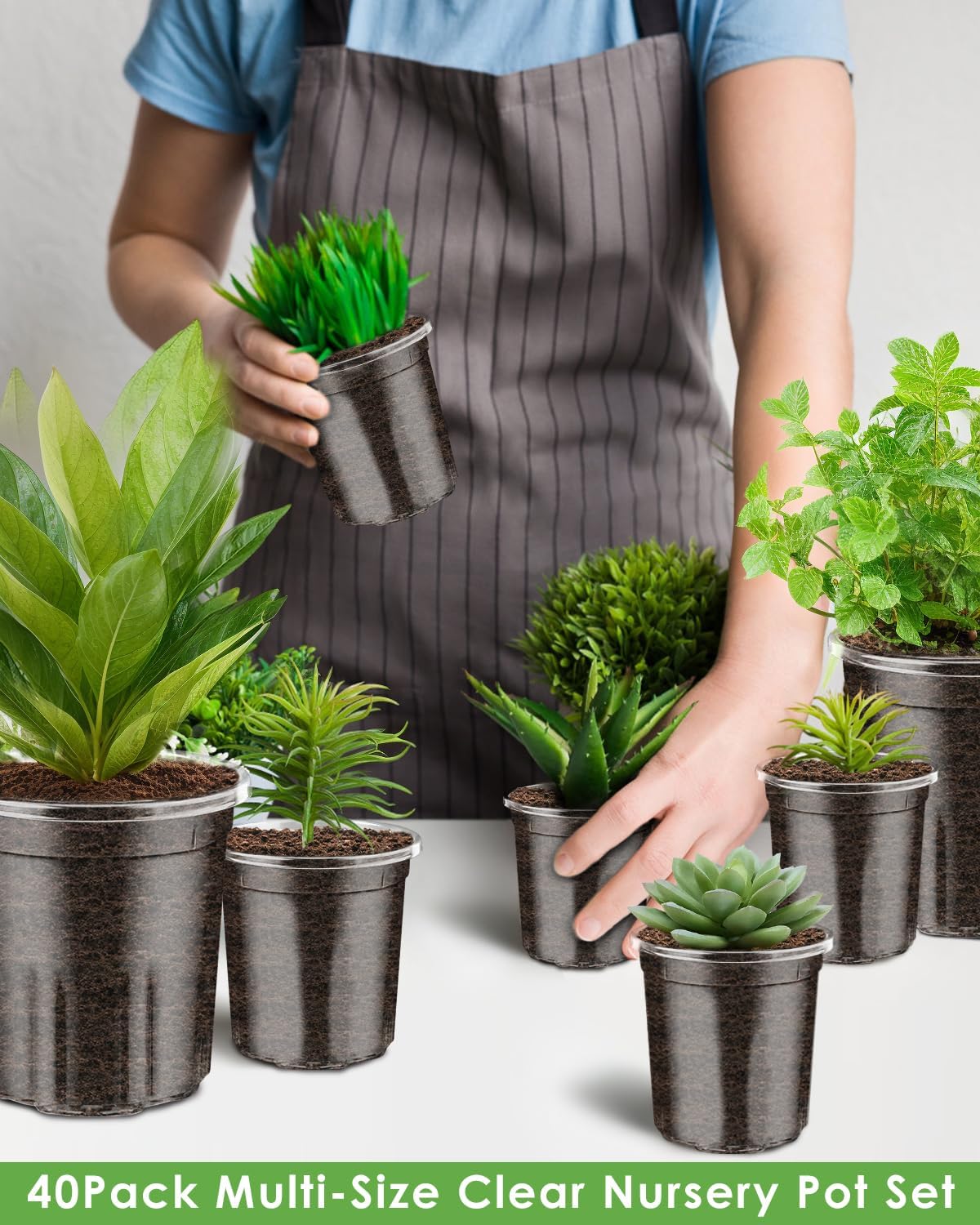 PACETAP 40Pack 6.5/5/4/3.5 Inch Reinforced Clear Nursery Pots with Drainage Holes, Variety Pack Thickened Plastic Plant Pots with 20 Plant Labels for Indoor Outdoor Flower Seed Starter