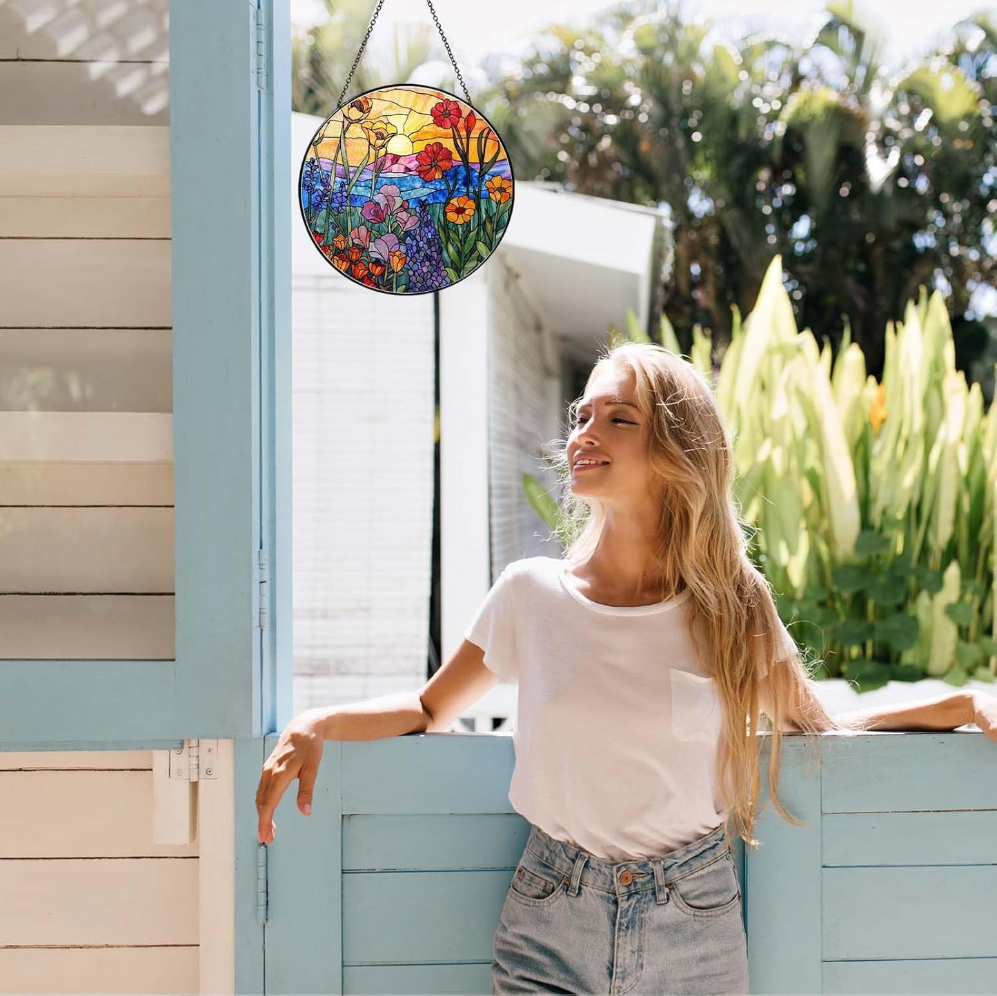 Wildflowers Sun Catcher Stained Glass Window Hanging Plant Lover Gifts for Women Wildflowers Wall Decor Handmade Sun Catcher Decoration for Window Garden Home Christmas & Birthday Gifts