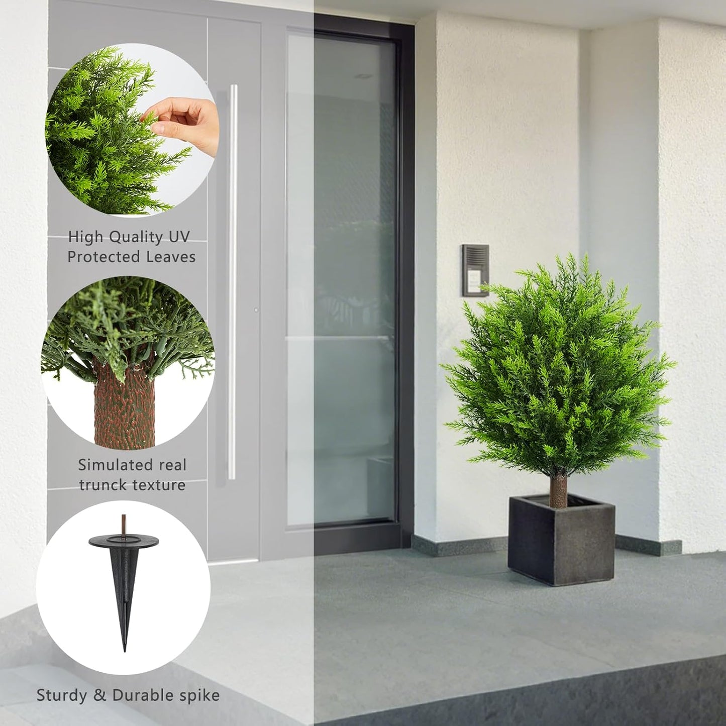 26.5" Artificial Cedar Topiary Ball Trees, Set of 2 UV Resistant Fake Evergreen Trees Shrubs Bushes Artificial Plants with Ground Spike Faux Cypress Plants for Indoor Outdoor Front Porch Garden