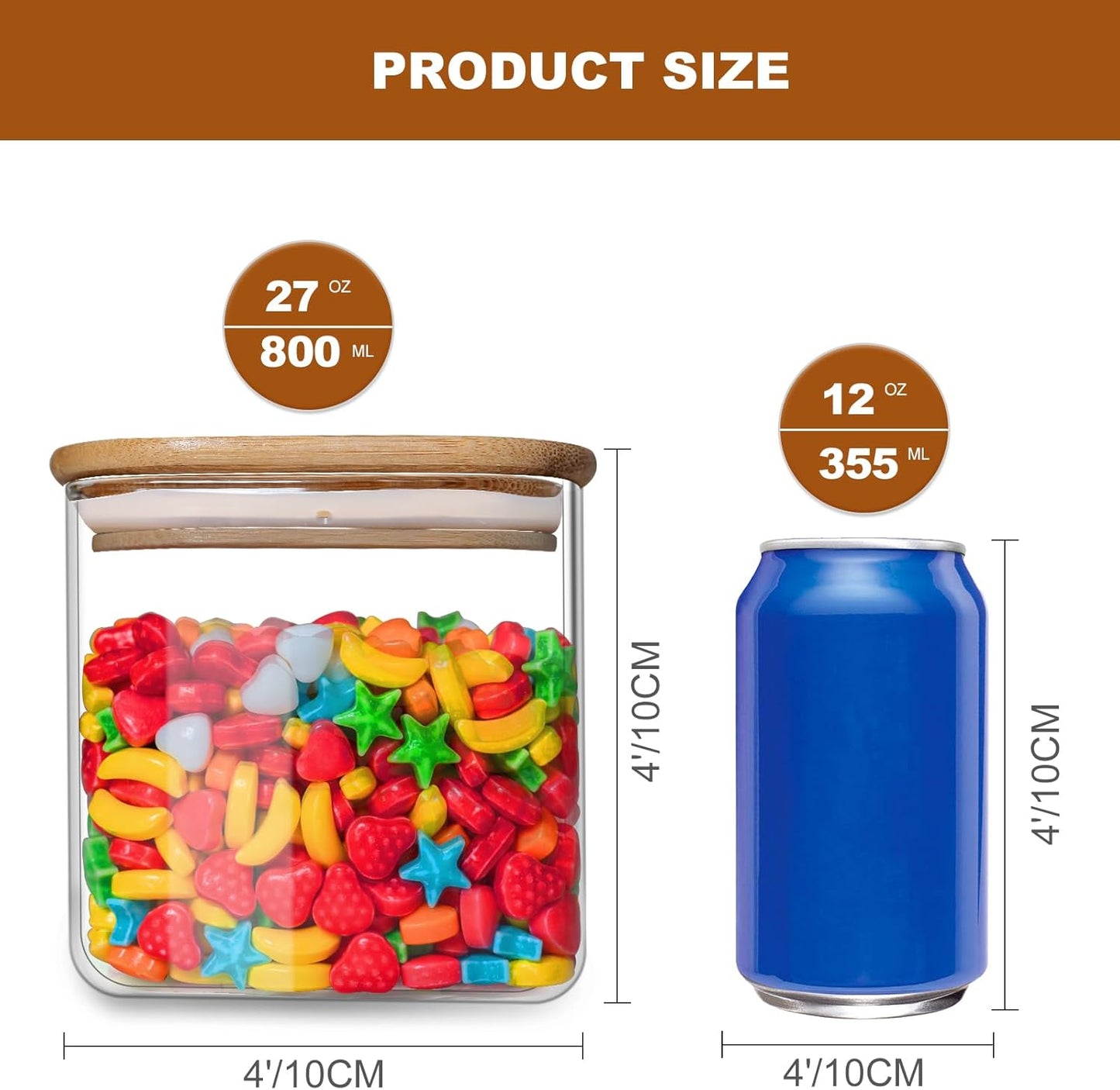 Glass Food Storage Jars 27oz Set of 6,Glass Storage Containers Clear Glass Food Canister with Bamboo Lid Airtight For Serving Tea, Coffee, Flour, Sugar, Candy, Cookie, Spice and More (Square)