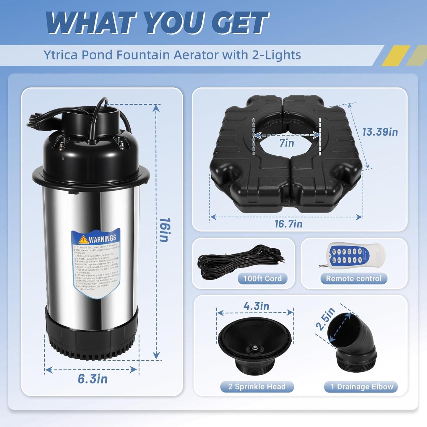 Pond Fountain Aerator with 2-Lights, 1HP 750W Dual Lights RGB LED Remote Control Floating Water Pump - Fit for Large Small Outdoor Ponds Lakes - 100 FT Power Cord 15000 GPH 110V-120V