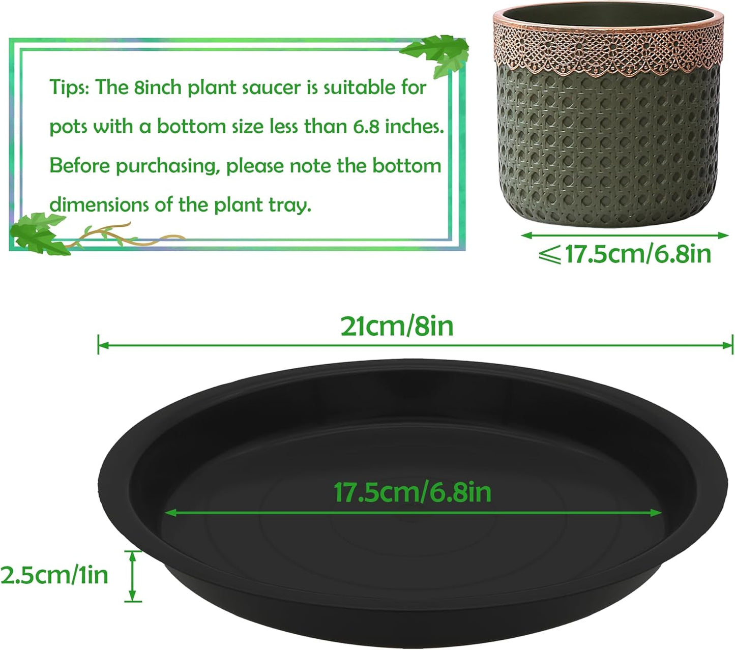 12 Pack 8 Inch Round Plant Saucers for Less 6.8 Inch Pot Indoors Outdoors Plant Trays for Pots Planter Saucer Plastic Plant Drip Tray Planter Water Tray for Potted Plants(Black, 8"(12pcs))