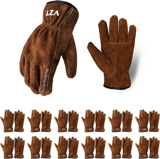 12 Pairs Bulk Leather Work Gloves for Men or Women for Gardening, Construction, Truck, Driving, Farm, Ranch, Woodworker, Soft, Cowhide Thickened, Water Resistant, Brown, Large
