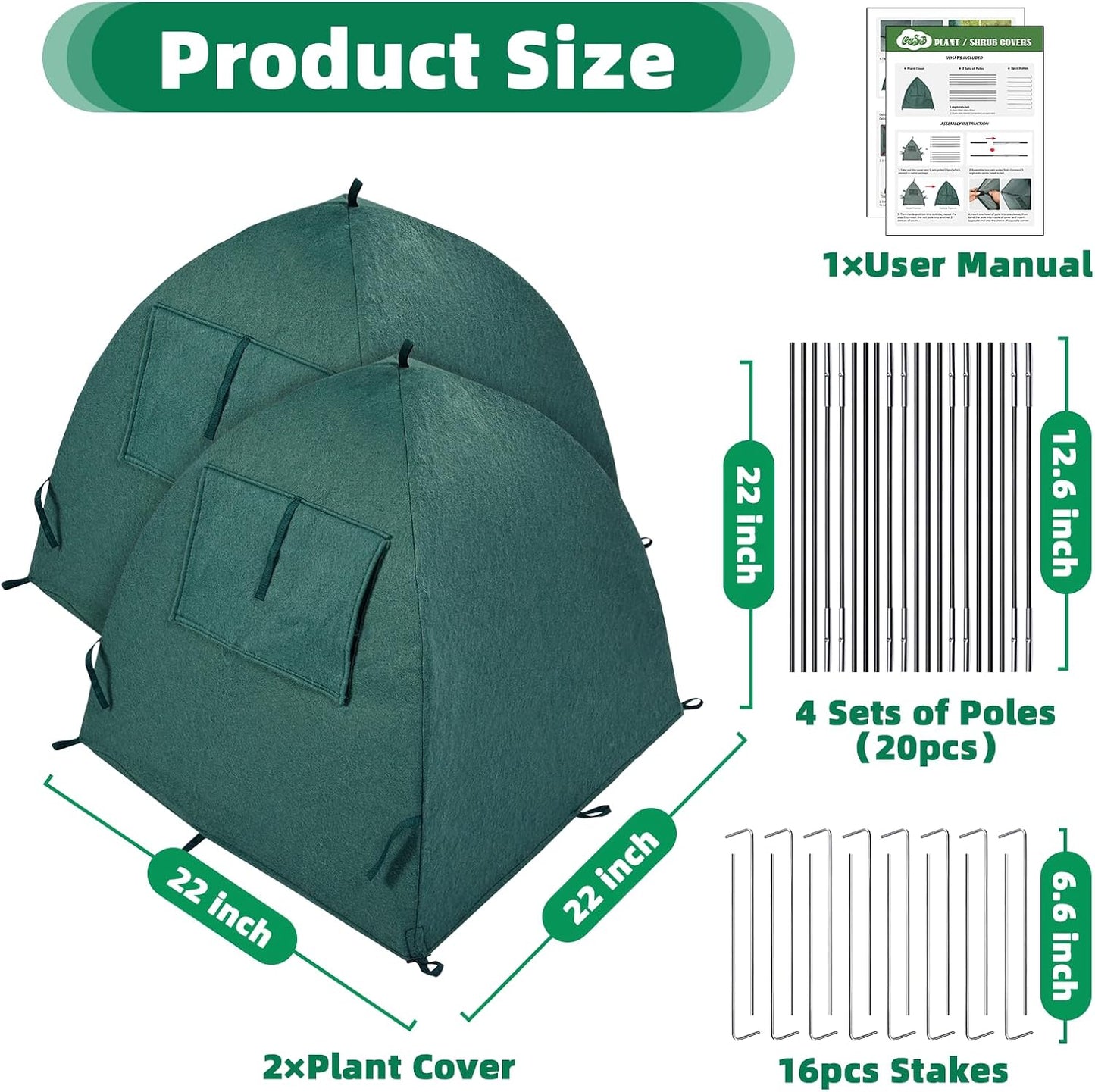 2 Packs Plant Cover Freeze Protection Blanket, 22''x22''x22'' Outdoor Garden Fabric Cover with Poles and Stakes for Winter Frost, Shade Cloth Plant Guard for Shrubs, Small Trees, Green