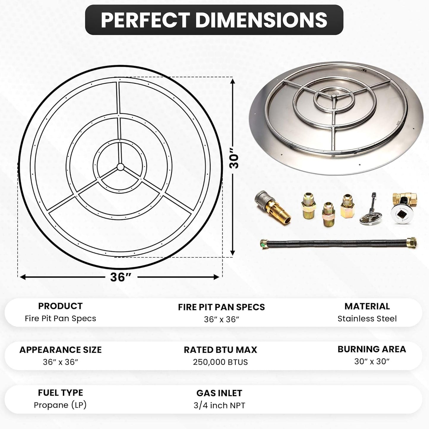 Fire Pit Burner Pan & Ring - Works with Liquid Propane - Stainless Steel Fire Pit Burner Kit 36-Inch Pan, 30-Inch Ring - 250,000 BTU Max