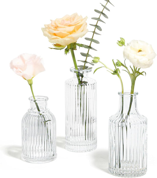 ComSaf Glass Bud Vases Set of 3, Small Flower Vases in Bulk, Mini Ribbed Vases for Centerpieces, Clear Vintage Vase for Table Decorations, Wedding, Party, Receptions, Home Decor (Different Sizes)