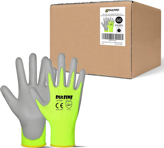 DULFINE Safety Work Gloves for Men PU Coated 60 Pairs Bulk Pack,Hi-Vis Yellow Seamless Knit Glove with thin Polyurethane Coated Smooth Grip on Palm & Fingers,Ideal for General Duty Work (XX-Large)