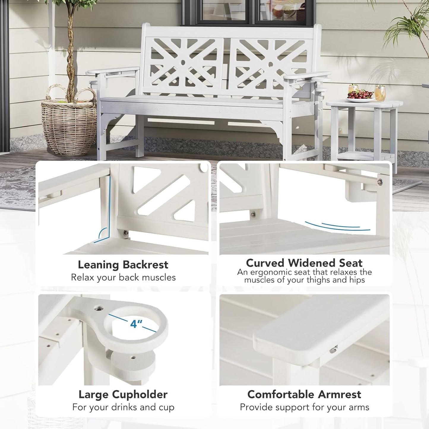 Oversized Outdoor Bench with Cup Holders, 51.5” HDPE Aesthetic Garden Bench for 2 Person, Memorial Benches - Easy Assembly & All Weather, for Porch & Patio, 800lbs Load Capacity (White, 1pc)