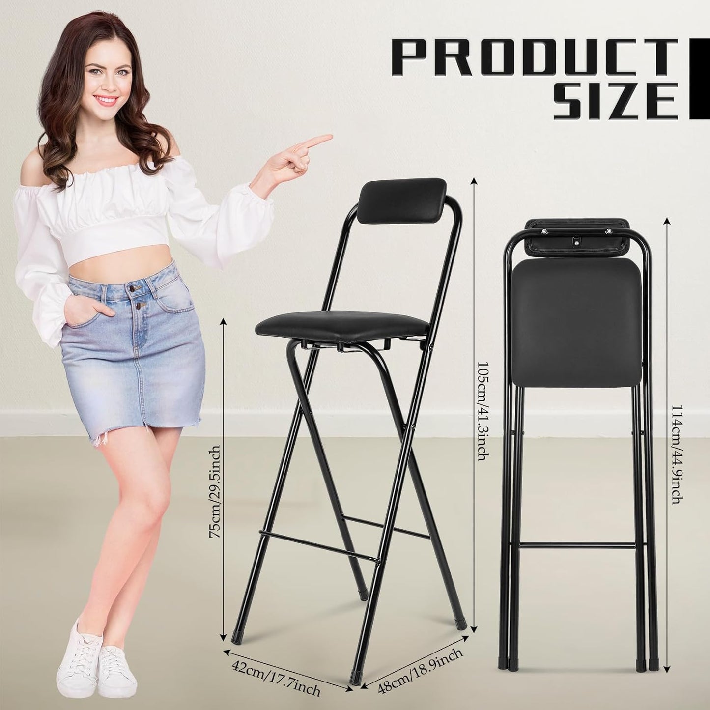 Thyle 2 Pcs Folding Bar Stool with Backrest, Tall Foldable Stool Chair Portable High Folding Bar Chair Counter Height Seat Leather Padded for Kitchen Island Shop Cafe Dining Room Black (29.5 Inch)