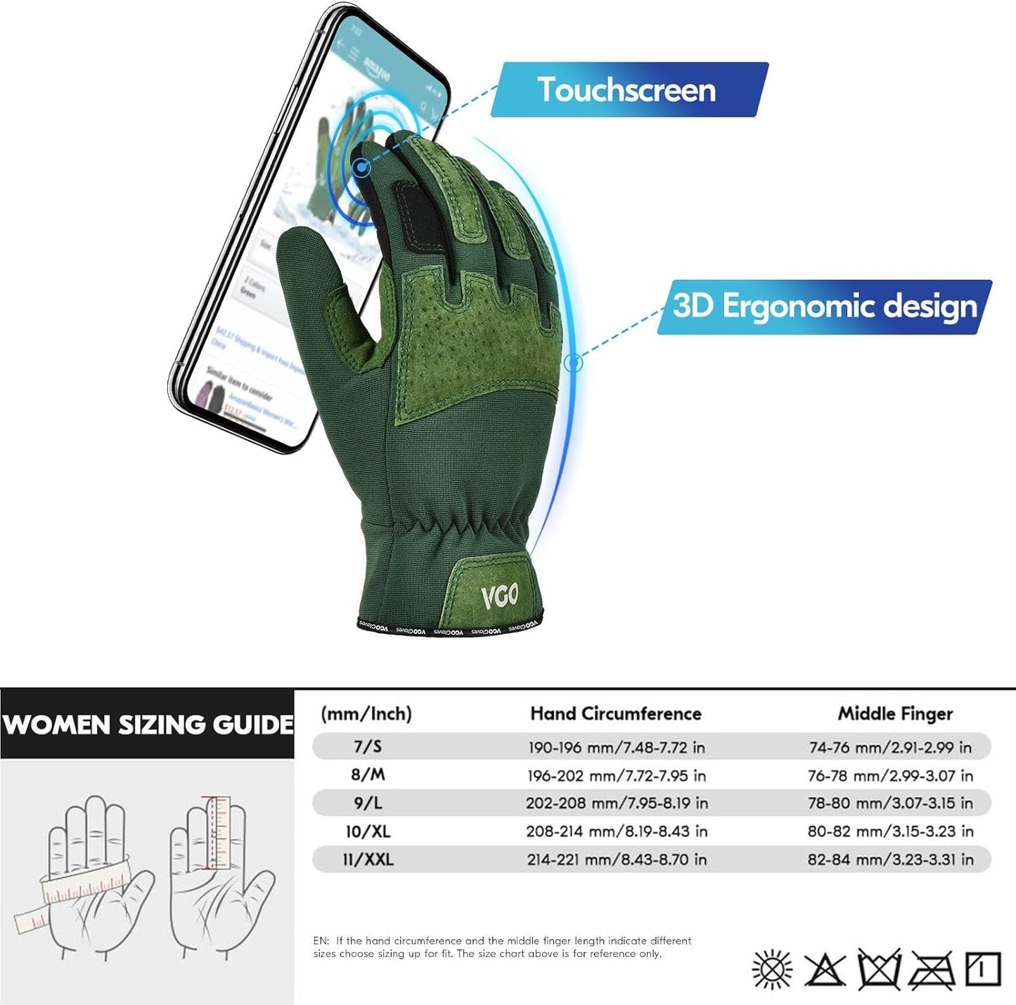 Vgo... Winter Gardening Gloves Women,Safety Work Gloves, Puncture-proof,Thornproof,Touchscreen(1 Pair,M,Green,SL7471FLWP)