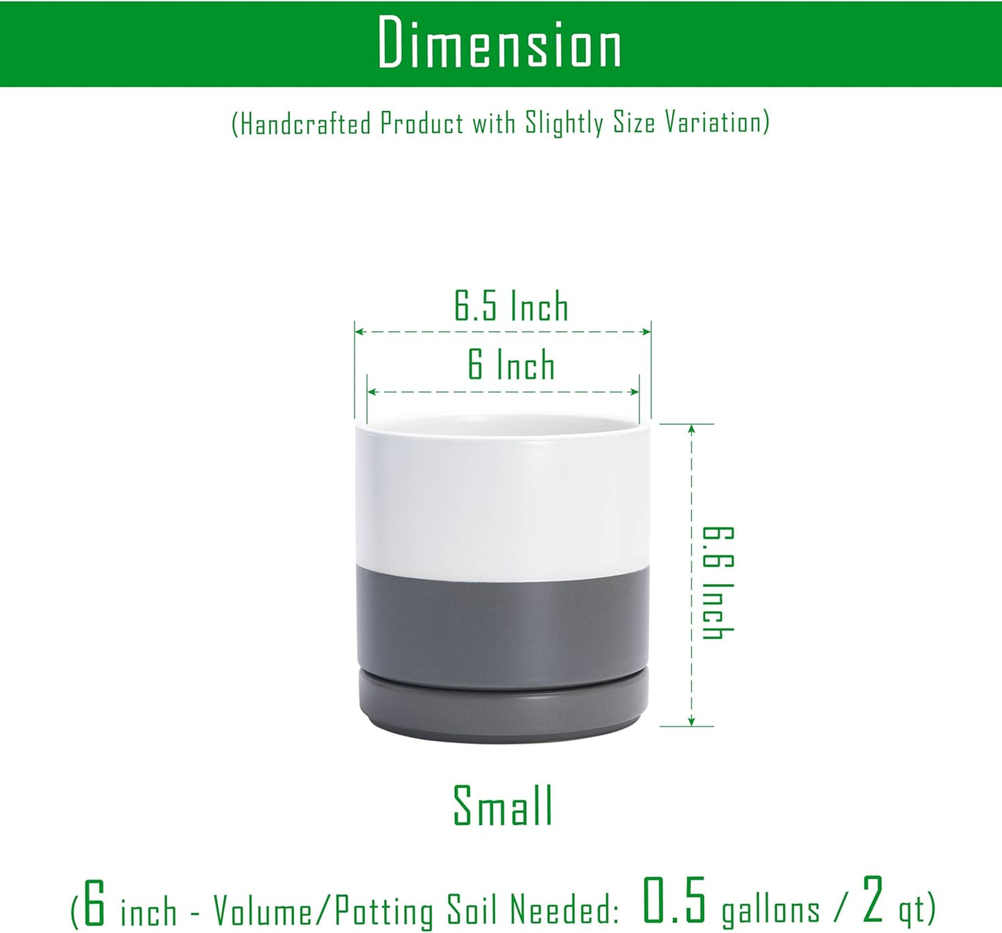 D'vine Dev 6.5 Inch Ceramic Planter Pot with Drainage Hole and Saucer, Indoor Cylinder Round Flower Pot, White/Speckled Grey, 94-O-C-6