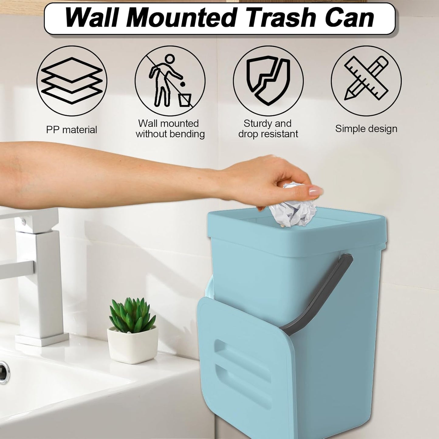 Compost Bin Kitchen, for use on Countertops or Under Sinks, Hanging Trash Can with Lid, for Cupboard/Bathroom/Bedroom/Office/Camping, Mountable Indoor Compost Bucket(Blue 1.3 Gallon/5L)