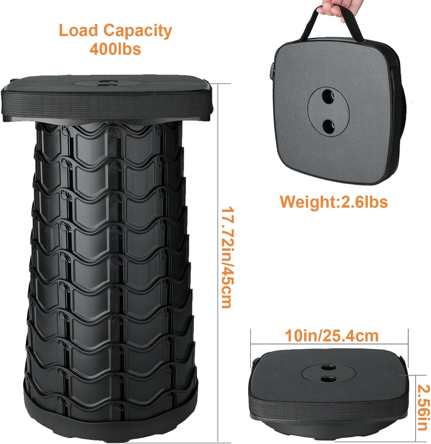 Boreeman Upgraded Collapsible Stool, Square Portable Stool, Lightweight Yet More Sturdy with Load Capacity 400lbs, Perfect for Camping Fishing Hiking BBQ (Square Black)