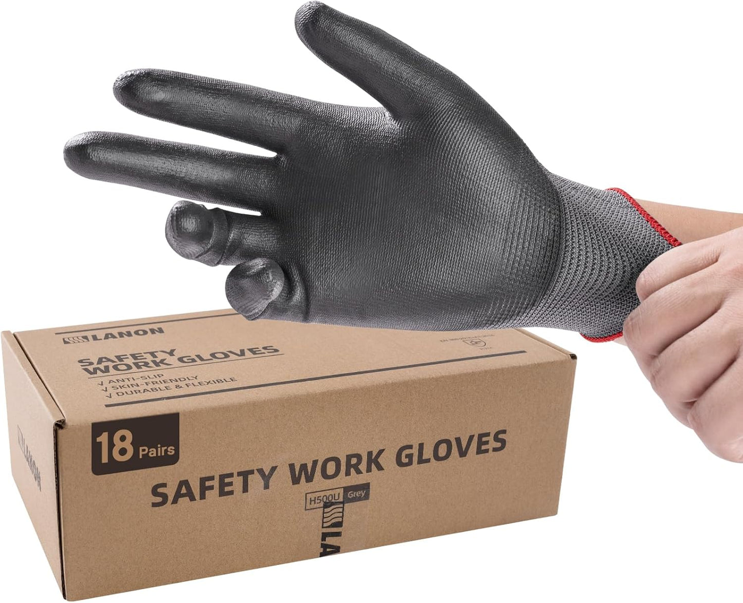 LANON 18 Pairs Safety Work Gloves, Mechanic Working Gloves for Men,Breathable PU Coated, Seamless Knit,Double Wash, Grey, X-Large