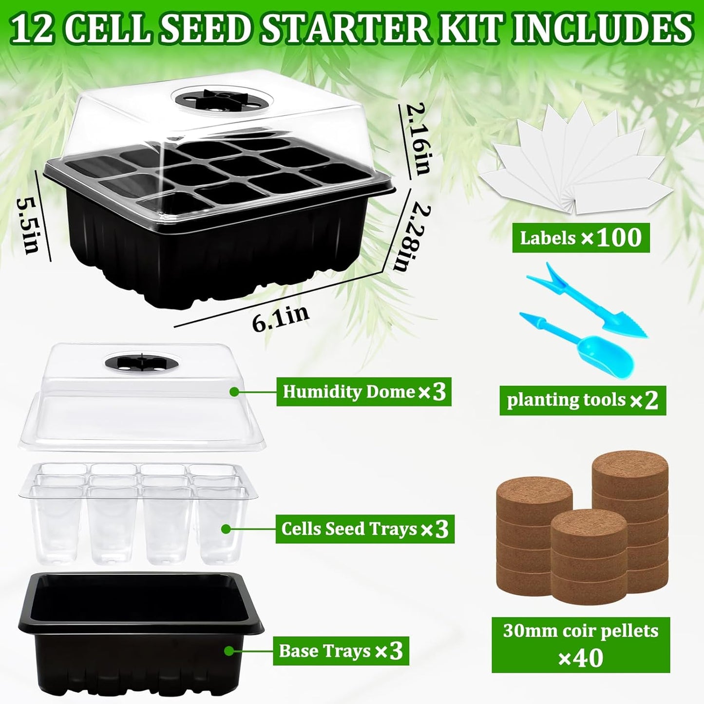 Halatool Seed Starter Kit, 3 Pack 36 Cells Black Seedling Starter Tray with 40 PCS Coco Coir Pellets for Seedlings, Organic Seed Starting Soil Pods for Planting Vegetables Flowers Herbs