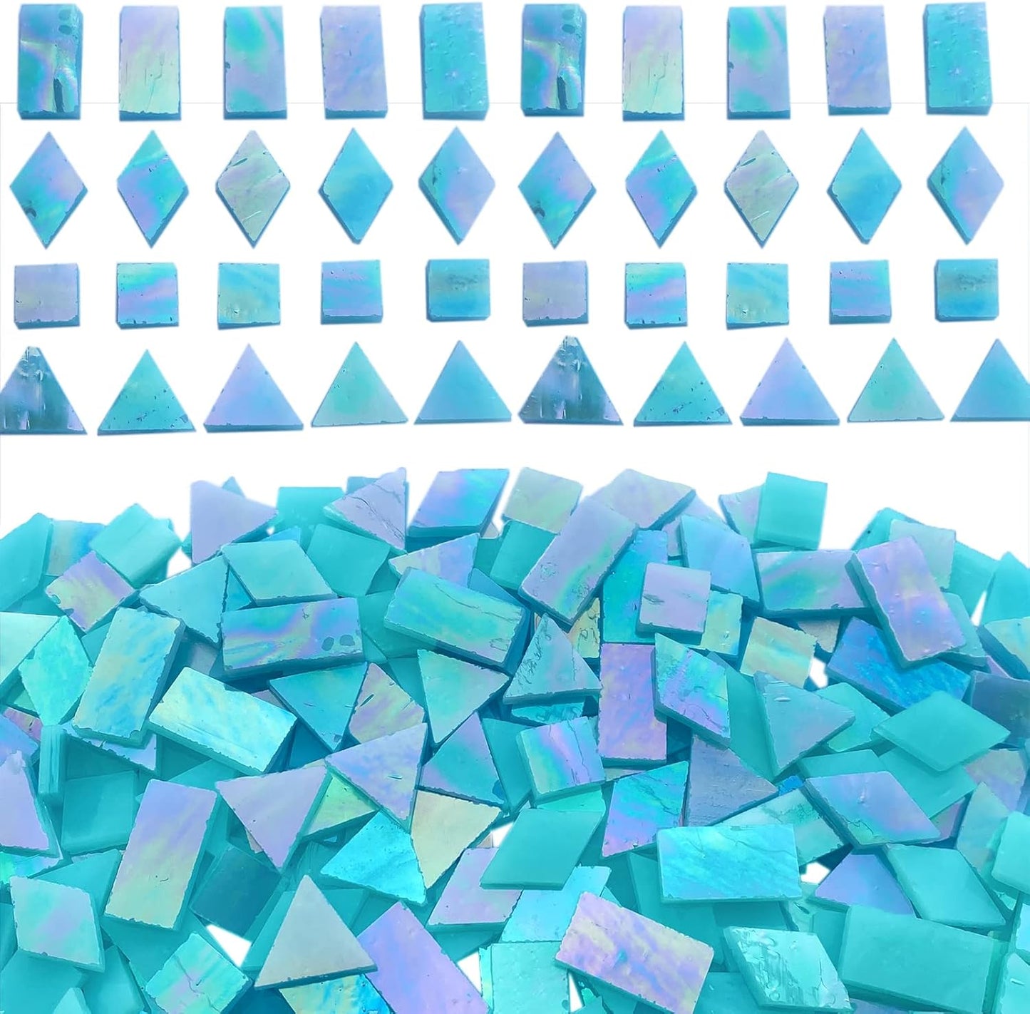 Iridescent Aqua Stained Glass Mosaic Tiles, 280 Pieces Mixed 4 Shapes Stained Glass Supplies for Mosaic Projects