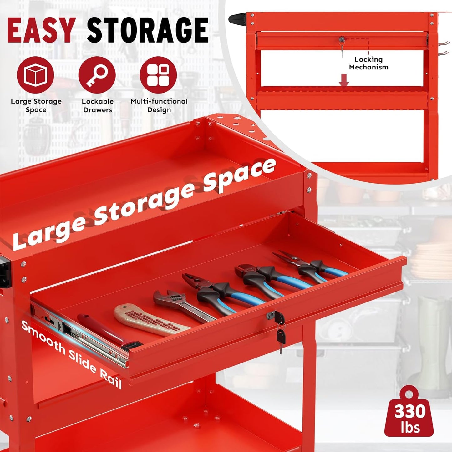 3 Tier Rolling Cart, Heavy Duty Utility Industrial Service Carts on Wheels, Metal Tool Cart with Locked Drawers, Ideal for Garage, Warehouse and Repair Shop（Red）