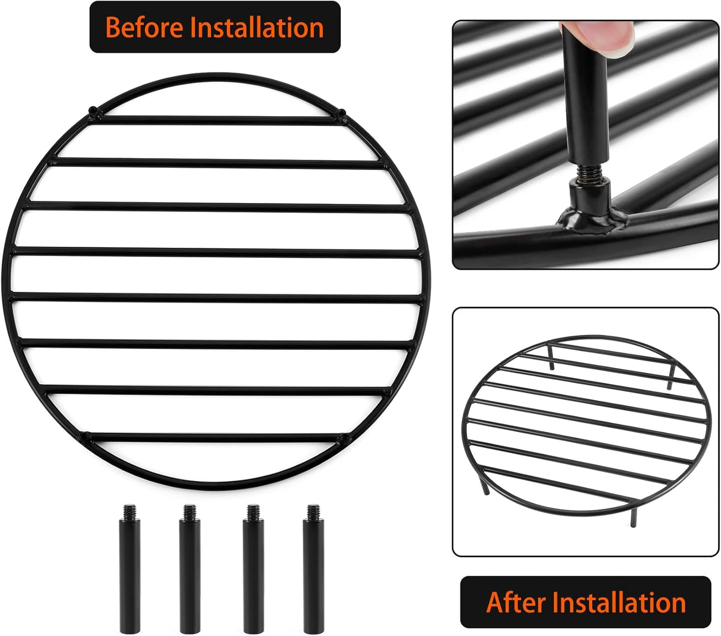 only fire Round Fire Pit Grate with 4 Legs for Outdoor Campfire Grill Cooking, 24 Inch