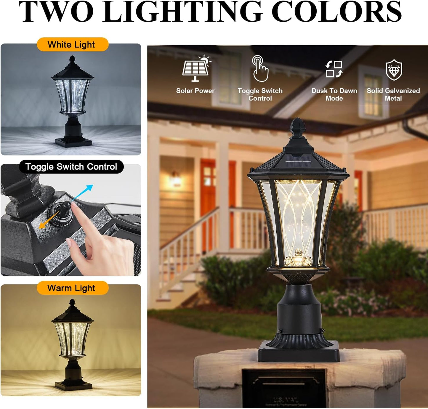 2 Pack Solar Lamp Post Lights with Pier Mount Base, Dusk to Dawn Outdoor Pillar Lights with Patterned Glass, Waterproof Exterior Pole Lamps Head for Driveway, Patio, Garden, Black