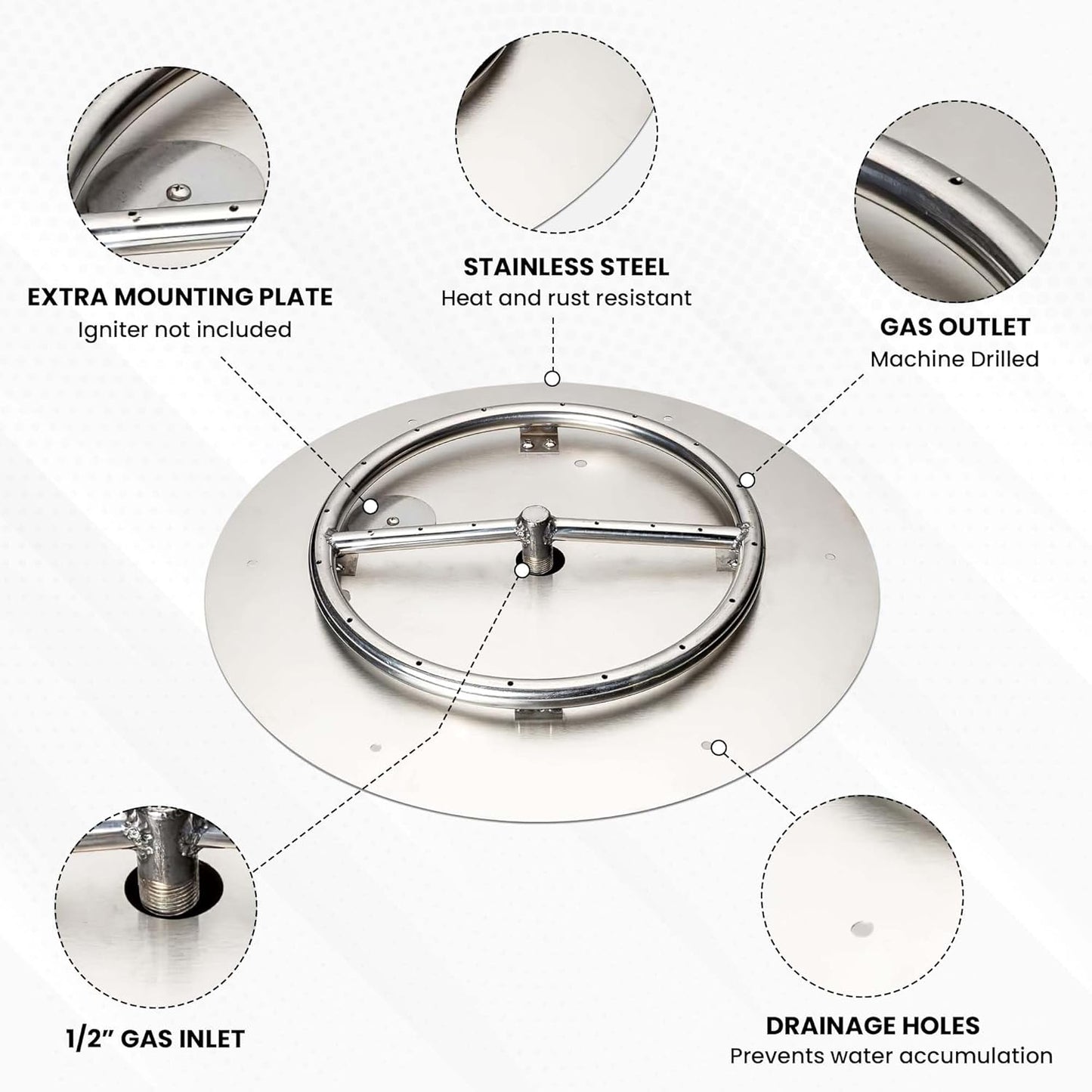 Fire Pit Burner Pan & Ring - Works with Liquid Propane - Stainless Steel Fire Pit Burner Kit 18-Inch Pan, 12-Inch Ring - 90,000 BTU Max