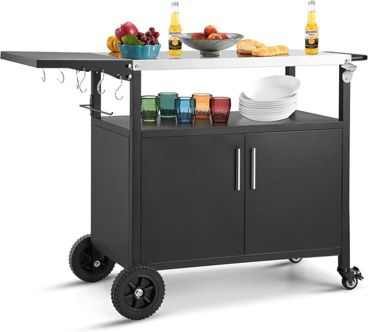 Outdoor Grill Cart with Storage Movable Grill Cart Outdoor Kitchen Island Pizza Oven Table Food Prep Table with Wheels Storage Cabinet for Outside Patio Backyard Garden