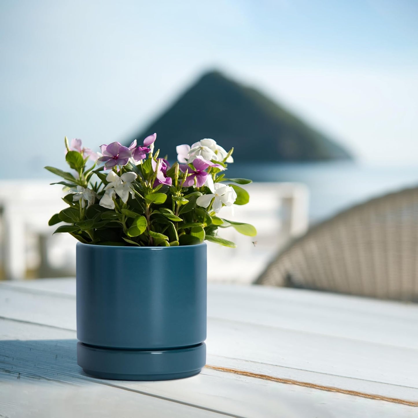 D'vine Dev 4.7 Inch Ceramic Planter Pot with Drainage Hole and Saucer, Indoor Cylinder Round Planter Pot, Teal, 94-O-B-9