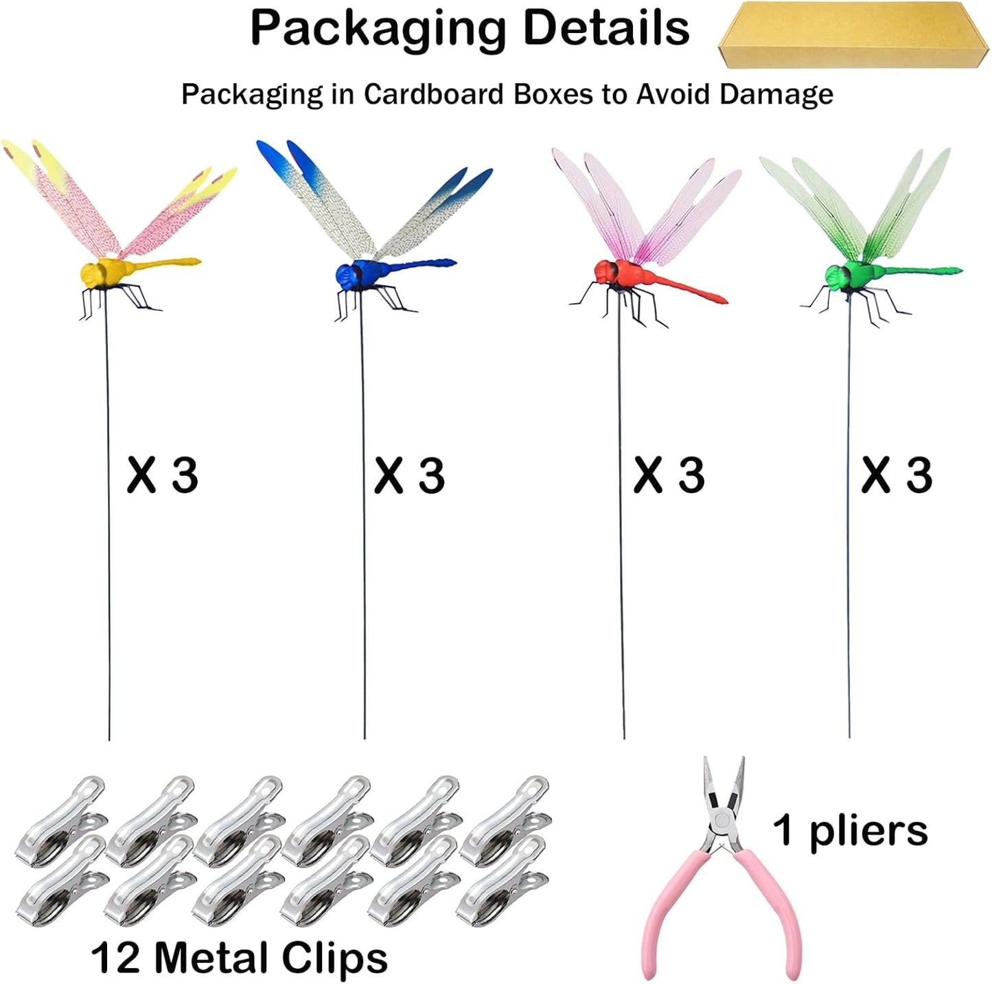 Jongdari 12 Sets Dragonfly Hat Clip Realistic Fake Dragonflies Clip-On Garden Outdoor Decor Stakes Plastic Dragon Fly Clips Plant Decorations for Pots, Includes Pliers & Clips