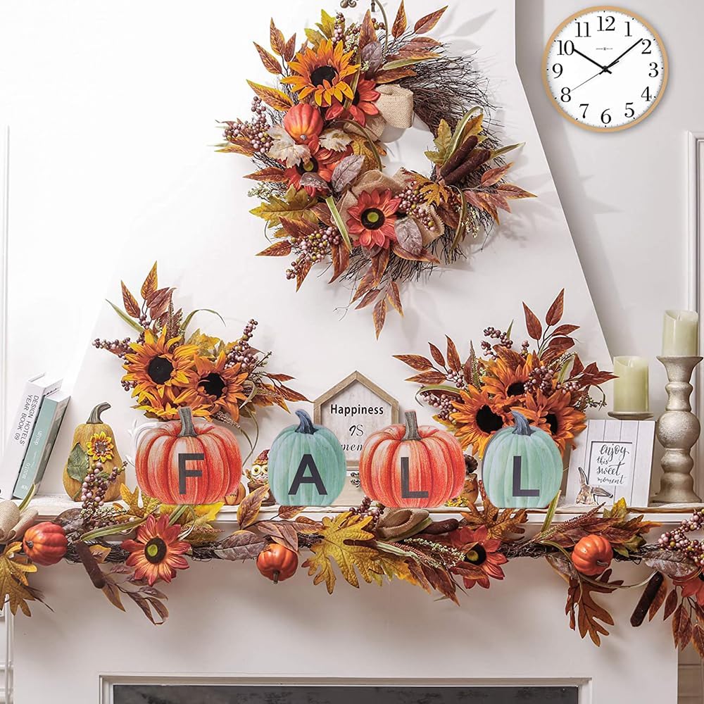 Fall Decorations for Home & Halloween Decorations Indoor, DECSPAS Double-sided Pumpkin Wood Sign with Fall & BOO Lettered, Autumn Wooden Block Set for Table, Tiered Tray, Mantle, Thanksgiving Decor