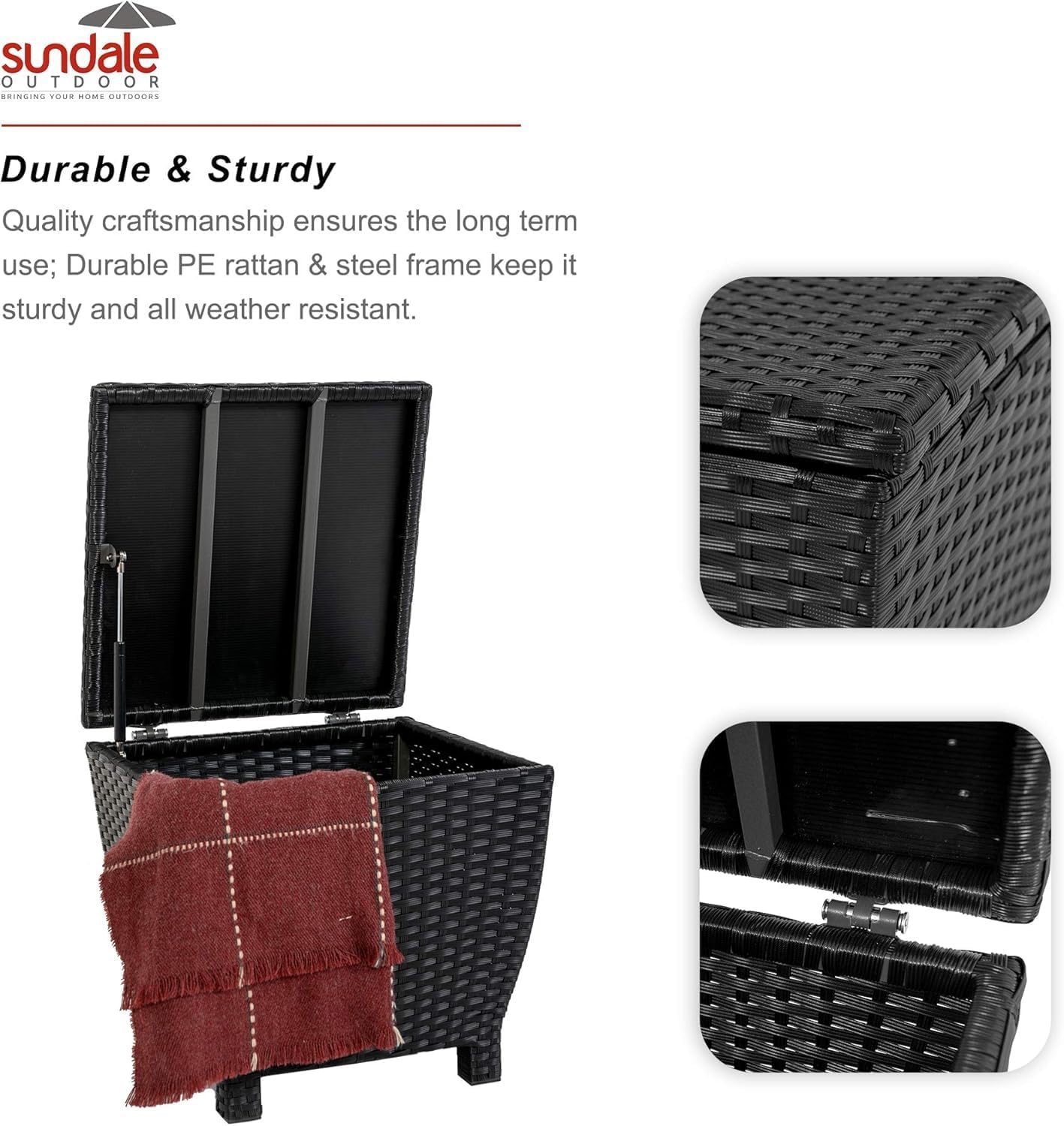 Sundale Outdoor Small Deck Storage Box with Lid, 13 Gallon Small Outdoor Bin Storage Container for Hose Cushions Towels, Patio Black Side Wicker Table with Storage-Steel, Rattan, Square