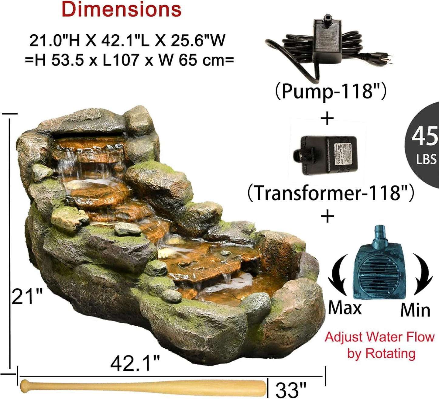 42.1" L Garden Water Fountain Outdoor, Floor Standing Mutiply Tiered Rock Outdoor Fountains with LED Lights and Pumps for Garden, Backyard, Porch, Patio and Home Art Decor
