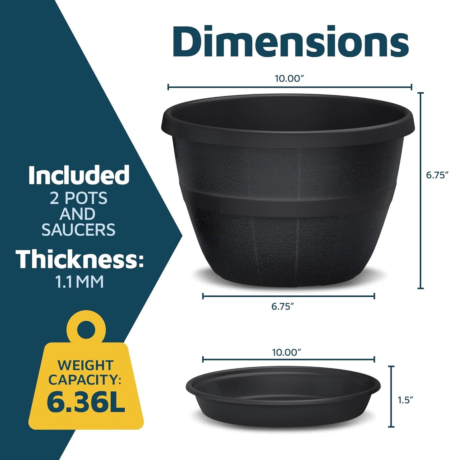 10-Inch Whiskey Barrel Planters Outdoor Pack of 2 - Durable Plastic Plant Pots for Indoor & Outdoor Use with Drainage & Saucer, Lightweight Rustic Barrel Planters for Flowers, Herbs & Small Plants
