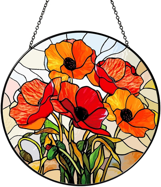 California Poppy Forest Sun Catcher Stained Glass Window Hanging Flower Lover Gifts for Women Red Poppy Wall Decor Handmade Suncatcher Decoration for Home Garden Housewarming Gifts