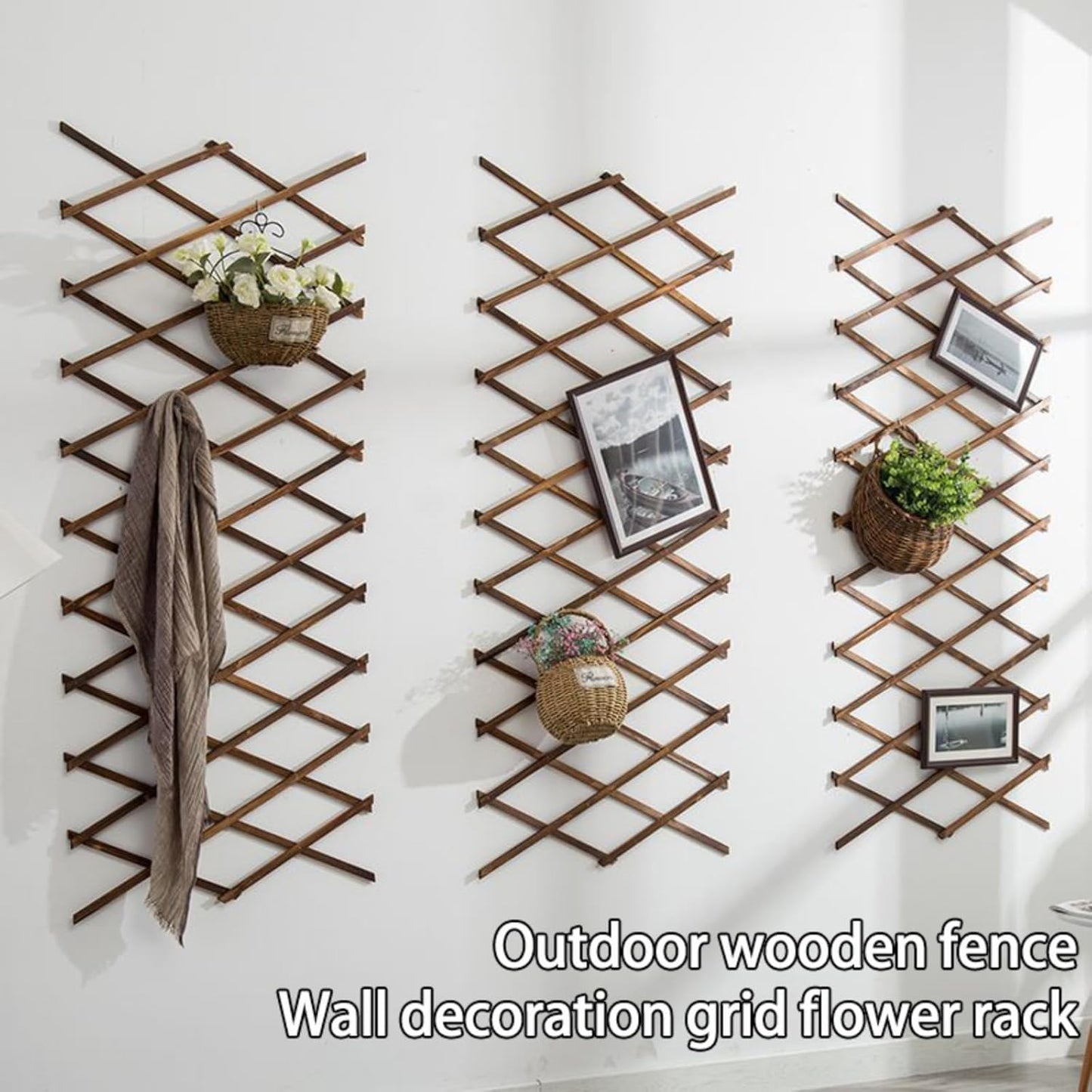 Solid Wood Vertical Climbing Plant Trellis Indoor Outdoor Lattice Wall Mesh Decorative Shelf Classical Lattice Wooden Frame for Household Garden Potted Plants