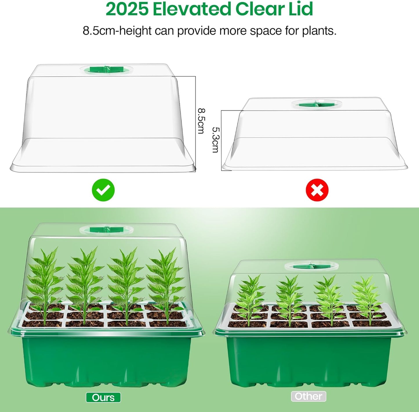 Bonviee 10 Packs Seed Starter Tray with Elevated Lid, 120 Cells Thicken Seed Starting Trays Kit with Adjustable Humidity Vent, Clear Cell Tray and Heightened Lids for Greenhouse & Gardens, Green