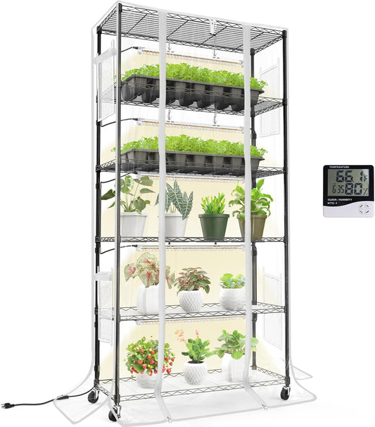 Indoor Greenhouse with Grow Light, Mini Green House with 5 Pack T8 Full Spectrum Plant Lights, Plant Shelf with Tent for Indoor Plant, Seed Starting, Seed Tray, 35.4"x13.8"x71"