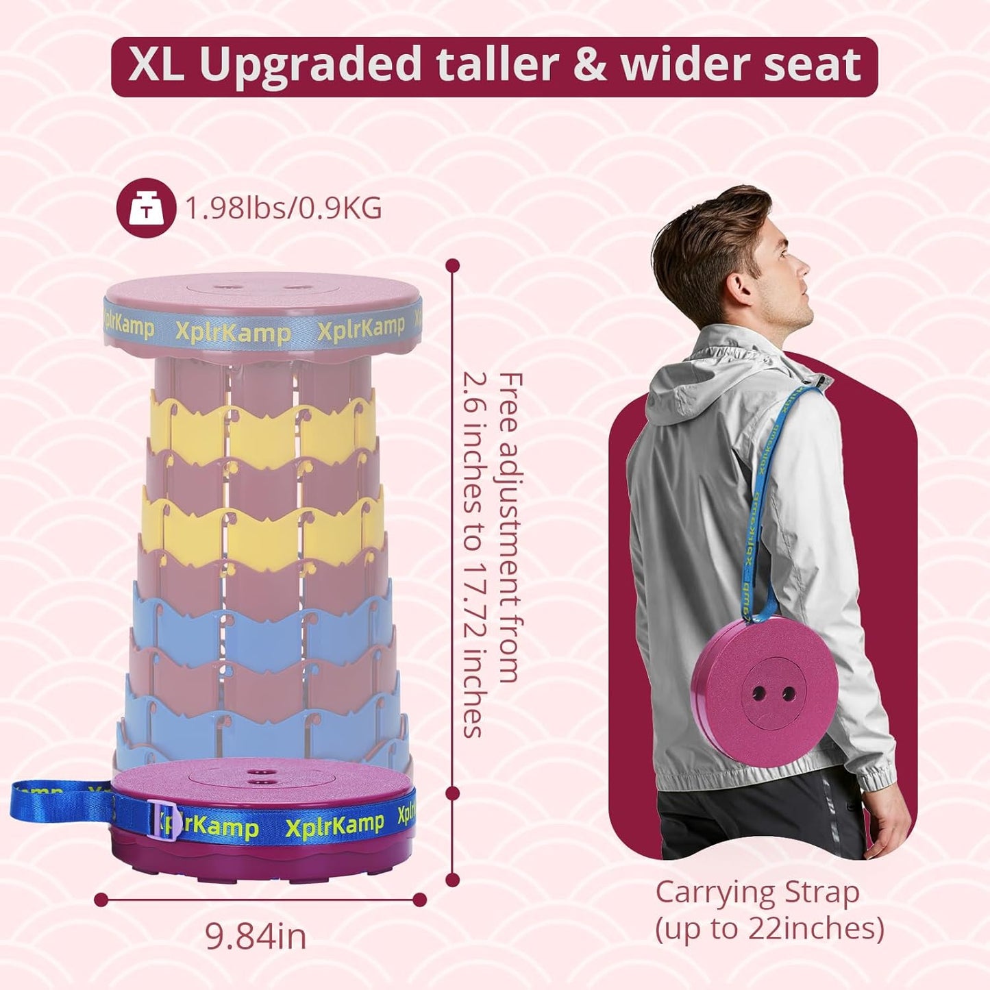 Retractable Folding Stool - Heavy Duty 400 lb Collapsible Portable Stool for Camping, Hiking, Fishing, Indoor/Outdoor with Non-Slip Base and Lightweight Design (Purple Yellow, 1-Pack)