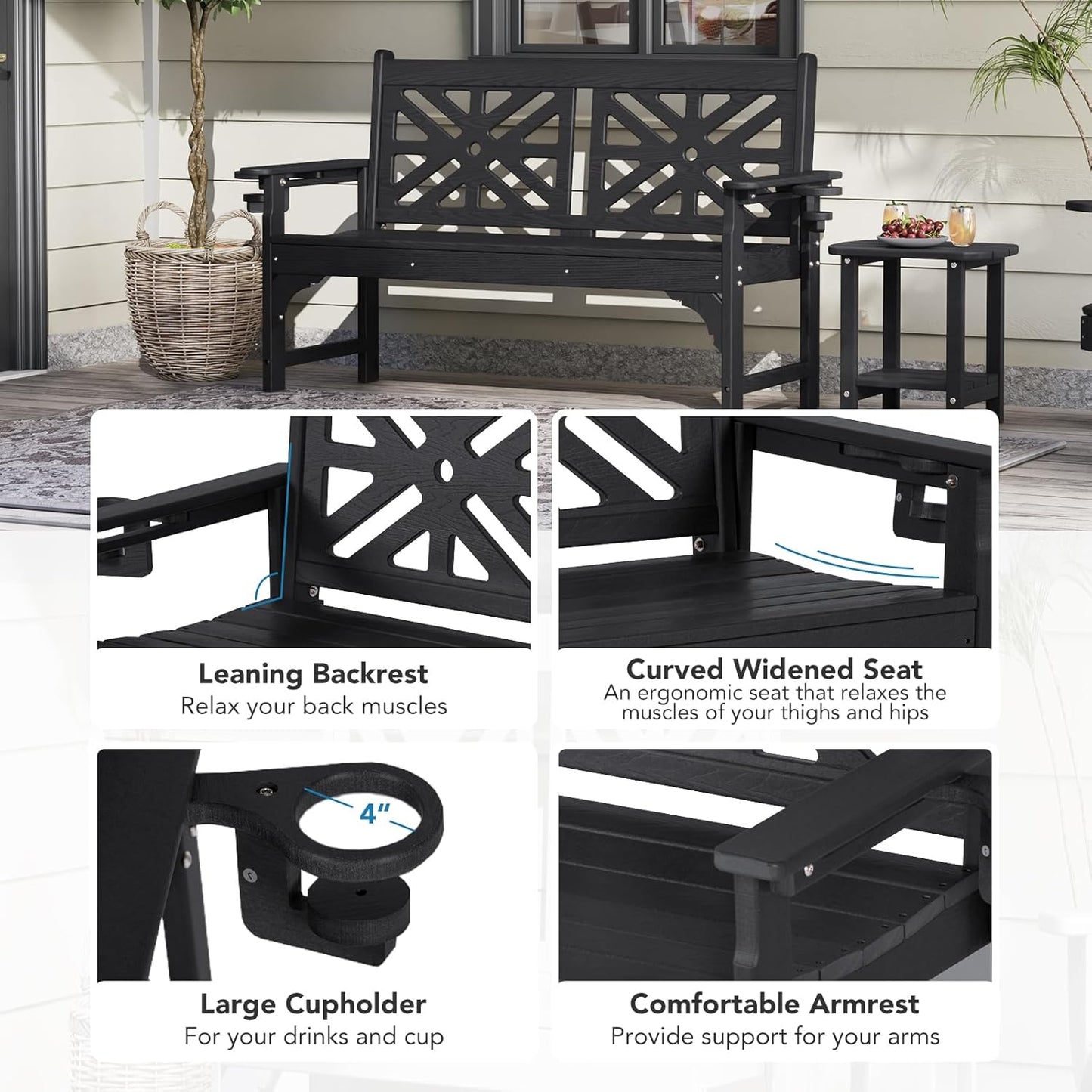Oversized Outdoor Bench with Cup Holders, 51.5” HDPE Aesthetic Garden Bench for 2 Person, Memorial Benches - Easy Assembly & All Weather, for Porch & Patio, 800lbs Load Capacity (Black, 1pc)