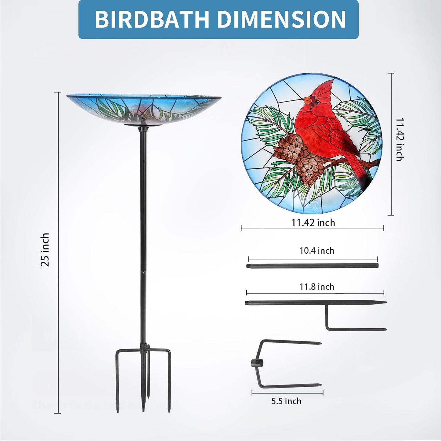 MUMTOP Glass Bird Bath, Garden Outdoor Birdbaths Birdfeeder with Metal Stake Red Cardinal