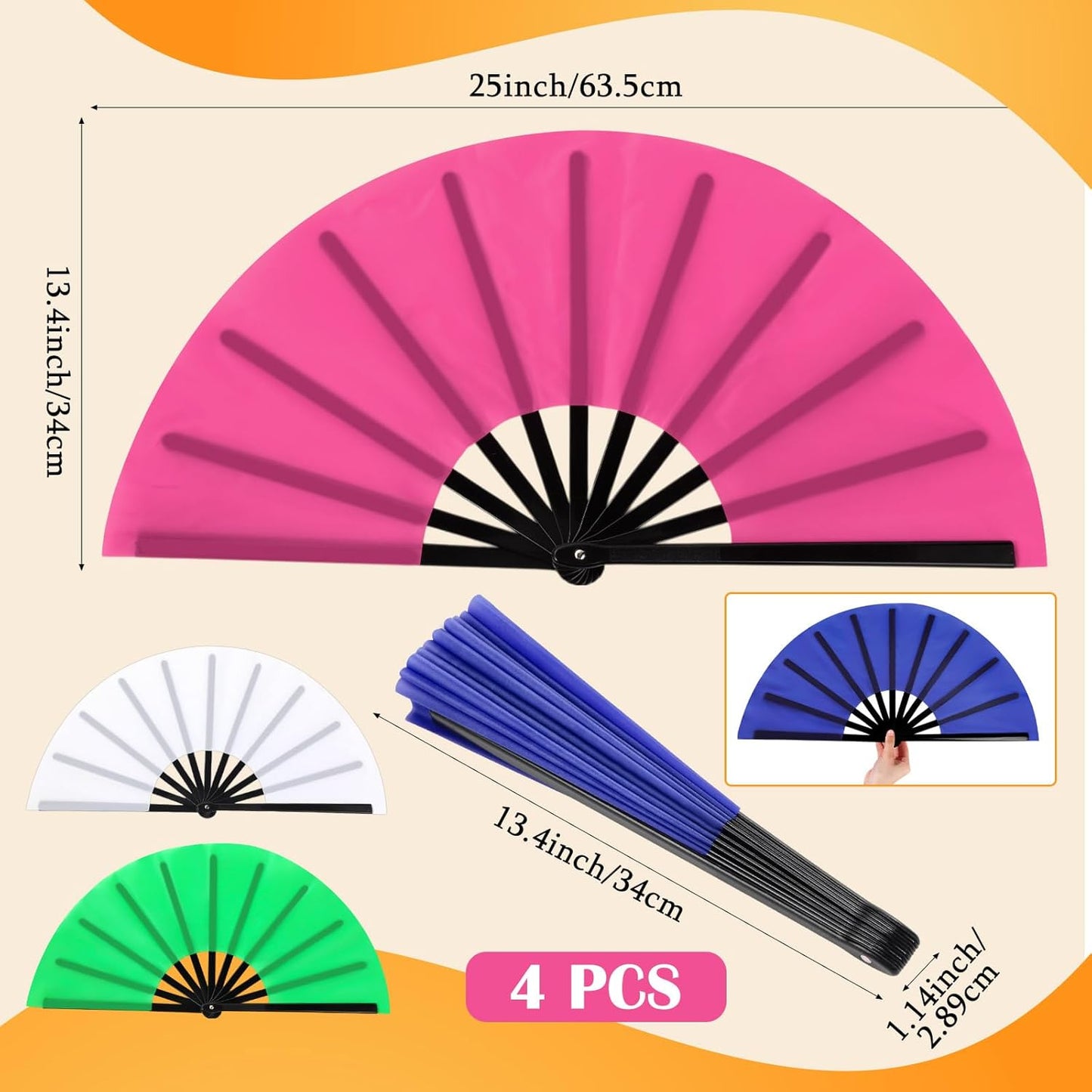 Maitys 4 Packs Large Clap Fans for Line Dancing Large Chinese Folding Hand Fans for Men and Women, Festival, Tai Ji, Kungfu, Martial Art, Gifts (White,Blue,Green and Rose Red)
