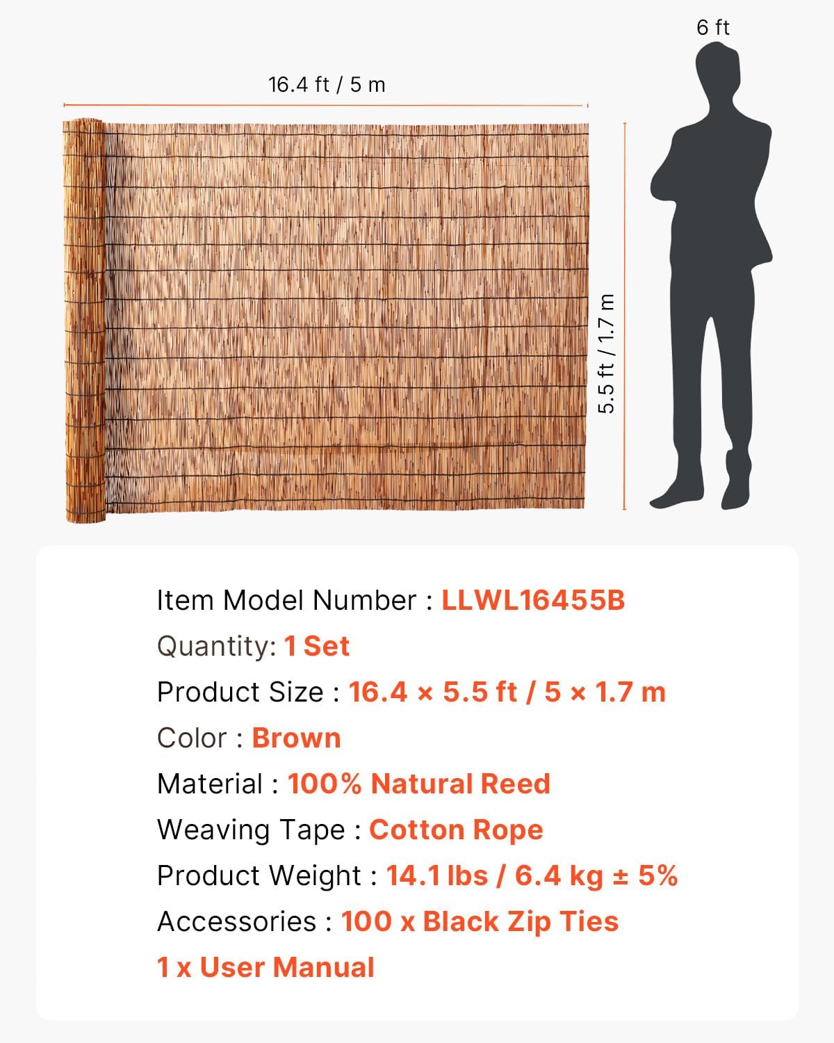 VEVOR Natural Reed Fencing,5.5ft x 16.4 ft, Decorative Bamboo Privacy Screen,Reed Fence Roll Patio Decorative Fences Reed Screen Curtain for Garden Backyard Patio Balconies,Brown