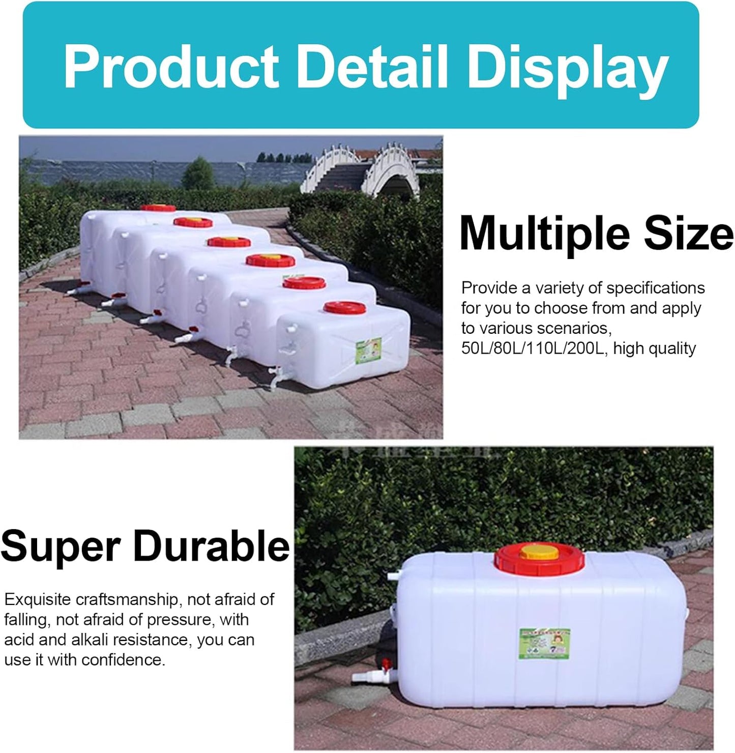 Heavy Duty Water Container Plastic Water Storage Carrier with Tap 50l 80l 110l 200l Water Tank Water Bottle Dispenser for Camping Caravan Hiking Outdoor(Size:110L)