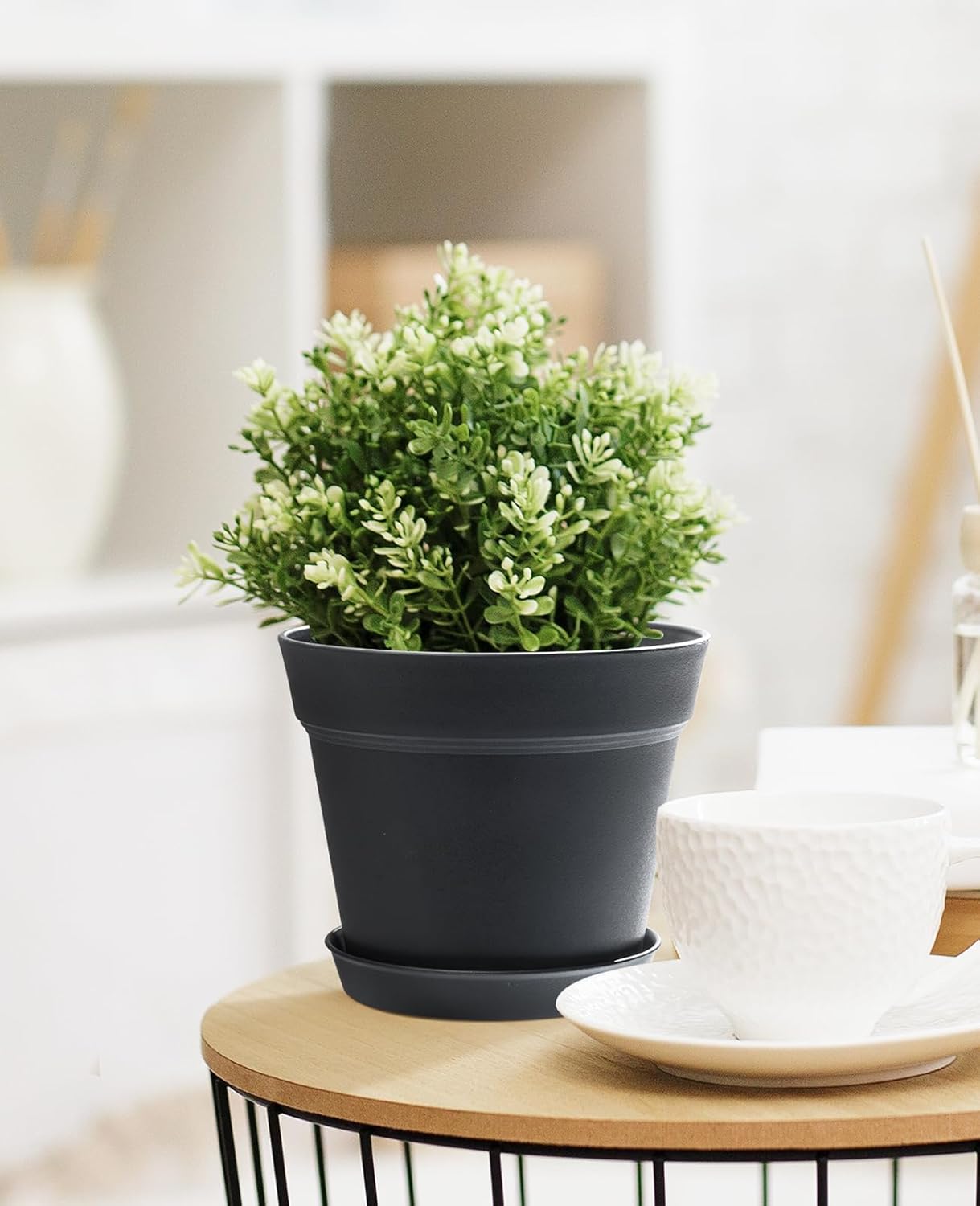 homenote Pots for Plants, 8 Pcs 7.5 Inch Plastic Planters with Multiple Drainage Holes and Tray - Plant Pots for All Home Garden Flowers Succulents, Matte Black