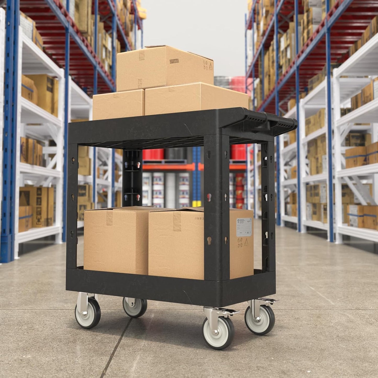 Heavy Duty Rolling Utility Cart with Wheels 2 Tier Utility Plastic Service Work Cart for Shop, Garage, Warehouse, Maintenance 550 lbs