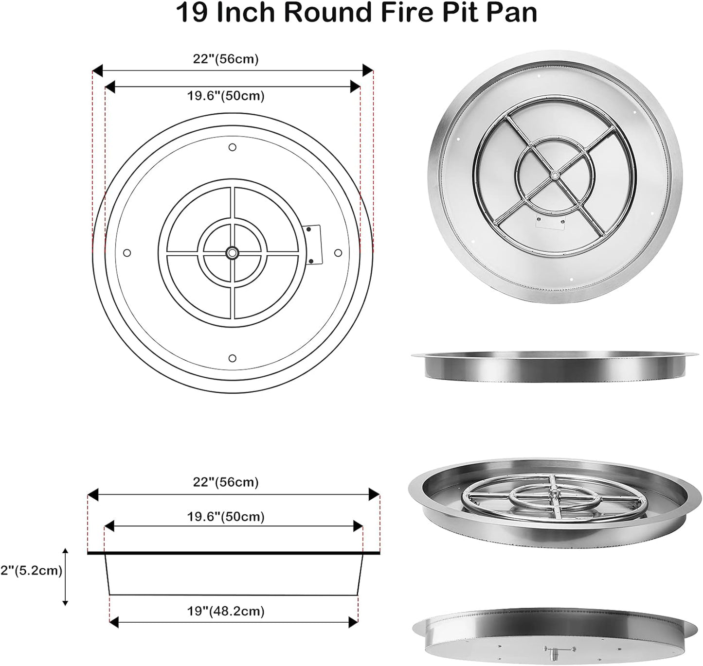 Stanbroil 19-Inch Round Fire Pit Burner Pan, Drop-in Gas Fire Pit Inserted for DIY Natural & Propane Gas Fire Table, Stainless Steel Firepit for Outside, BTU 92,000 Max