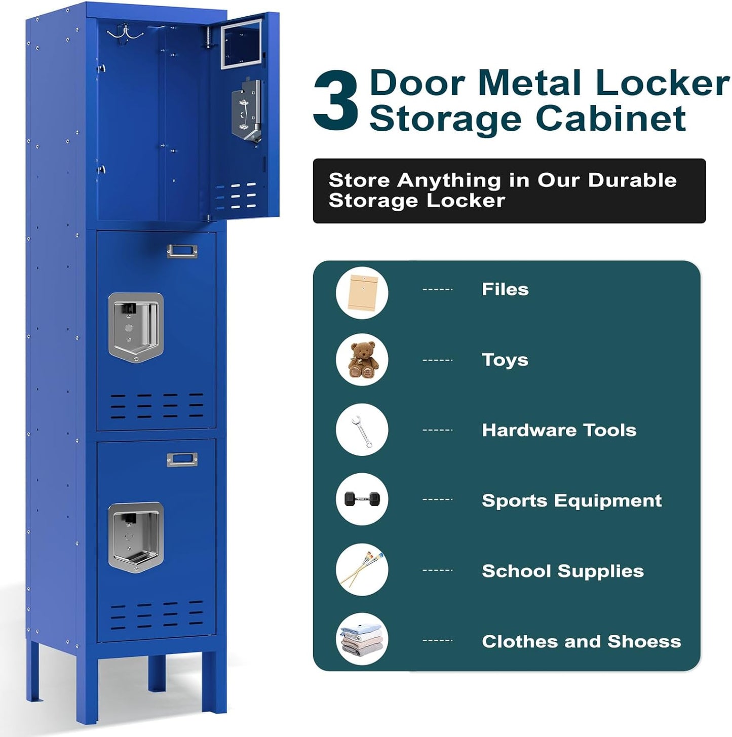 Metal Lockers - 66" Height Steel Lockers for Employees with 3 Door Storage Locker with Card Slot for Employees Gym School Home Office Garage - Assembly Required