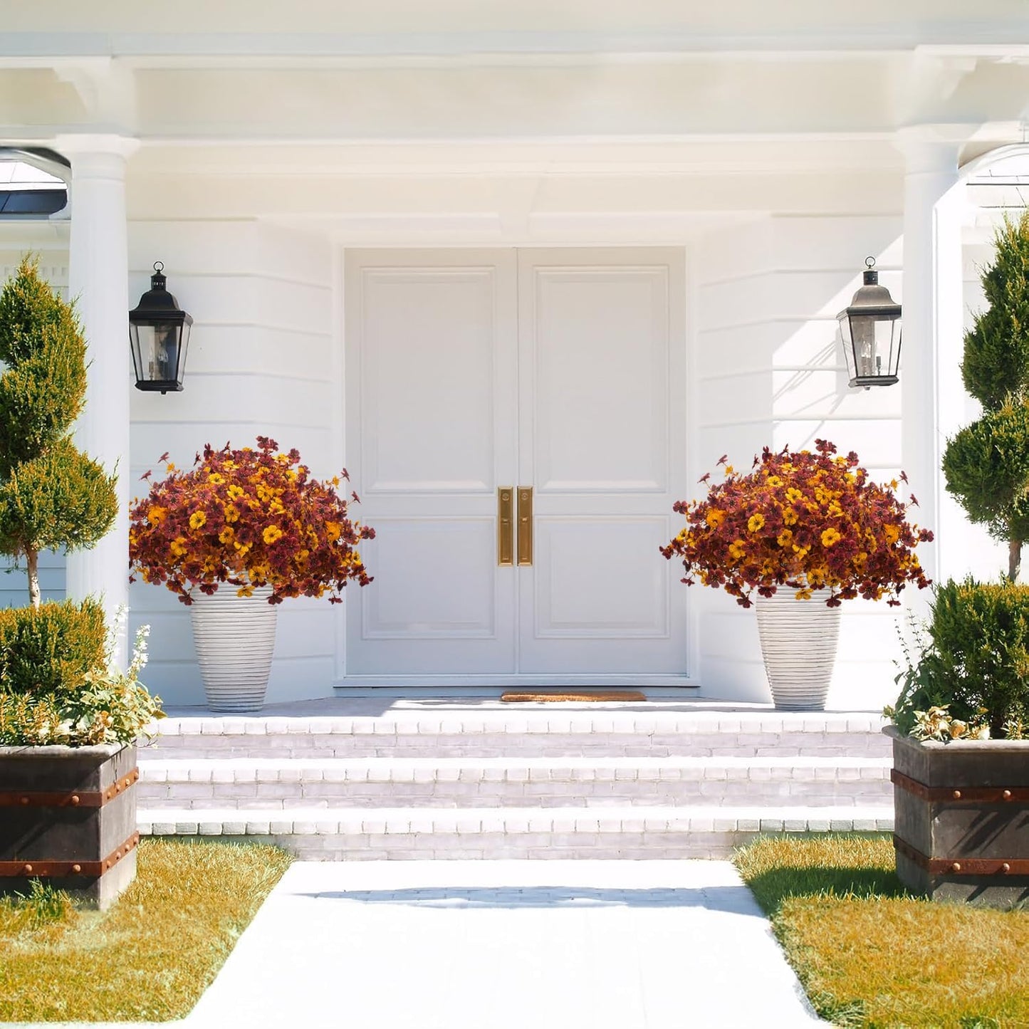 16 Bundles Artificial Fall Mums with Eucalyptus, Faux Daisy UV Resistant Outdoor Decor - Autumn Orange Flowers for Front Door Porch Planter, Patio, Thanksgiving Christmas (Fall Yellow&Red)