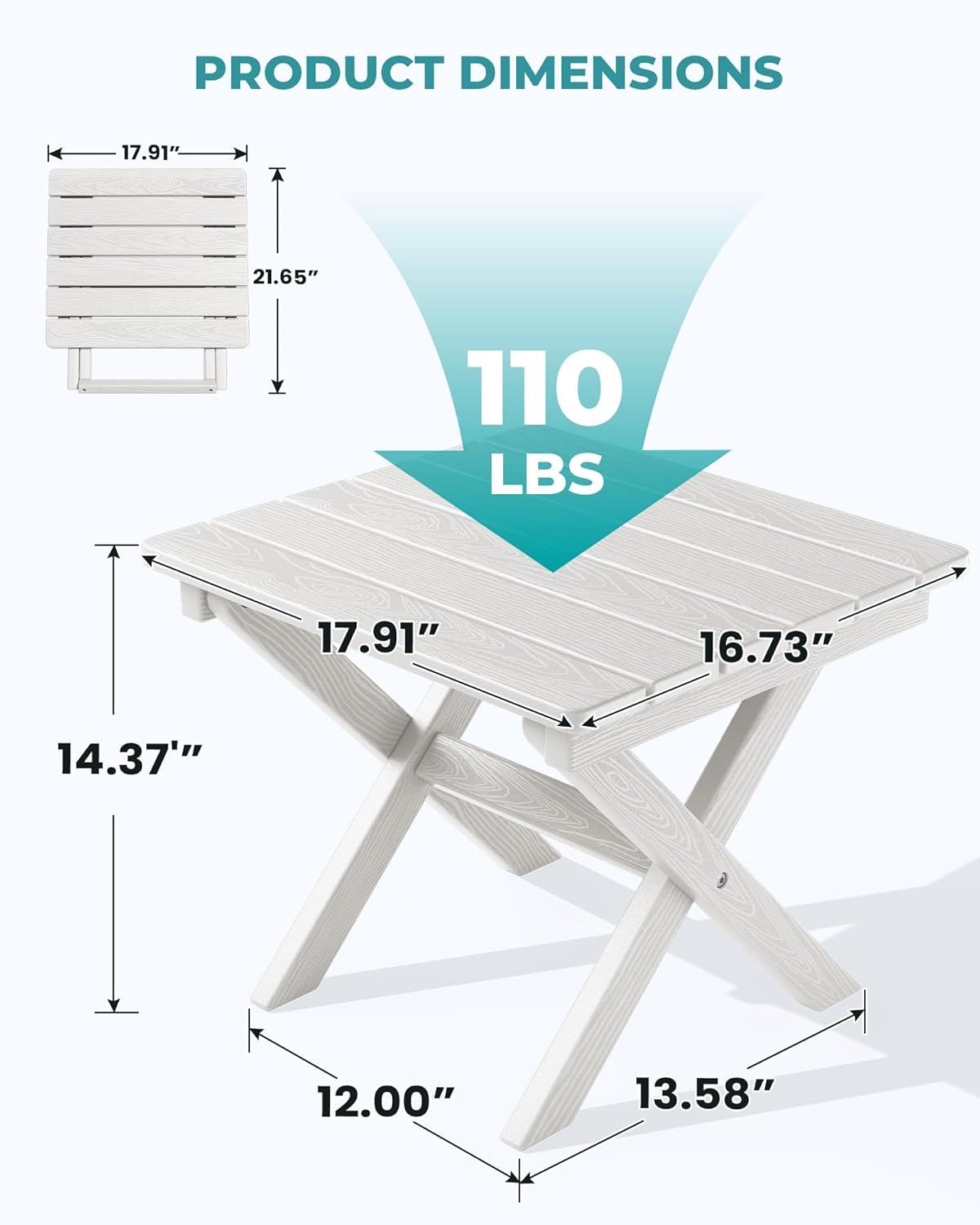 SERWALL Portable Folding Adirondack Side Table, HDPE Small Outdoor End Table, No Assembly Required, Weather-Resistant, 110 lbs Capacity, White