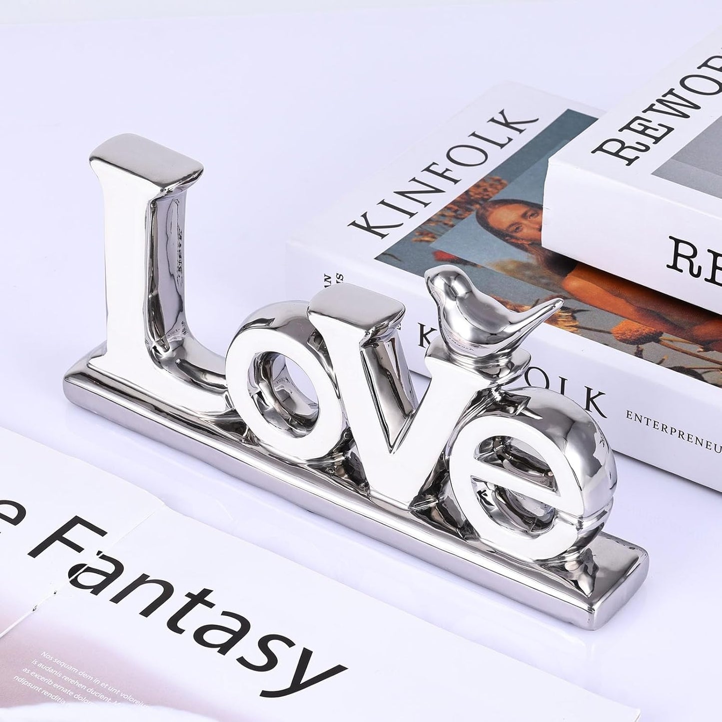 Love Sign Decoration,White and Silver Love Signs for Home Decor Statue,Bird Sculpture Personalized Love Decor,Chrome Style Figurine Decorative Ornaments for Living Room,Bedroom (2 Pcs, White+Silver)